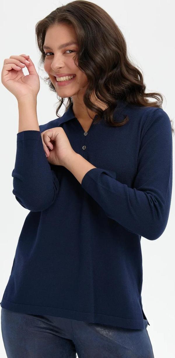 Desen Triko Kadın Polo Yaka Yanı Yırtmaçlı Kazak 24356 Koyu Lacivert - Image 1