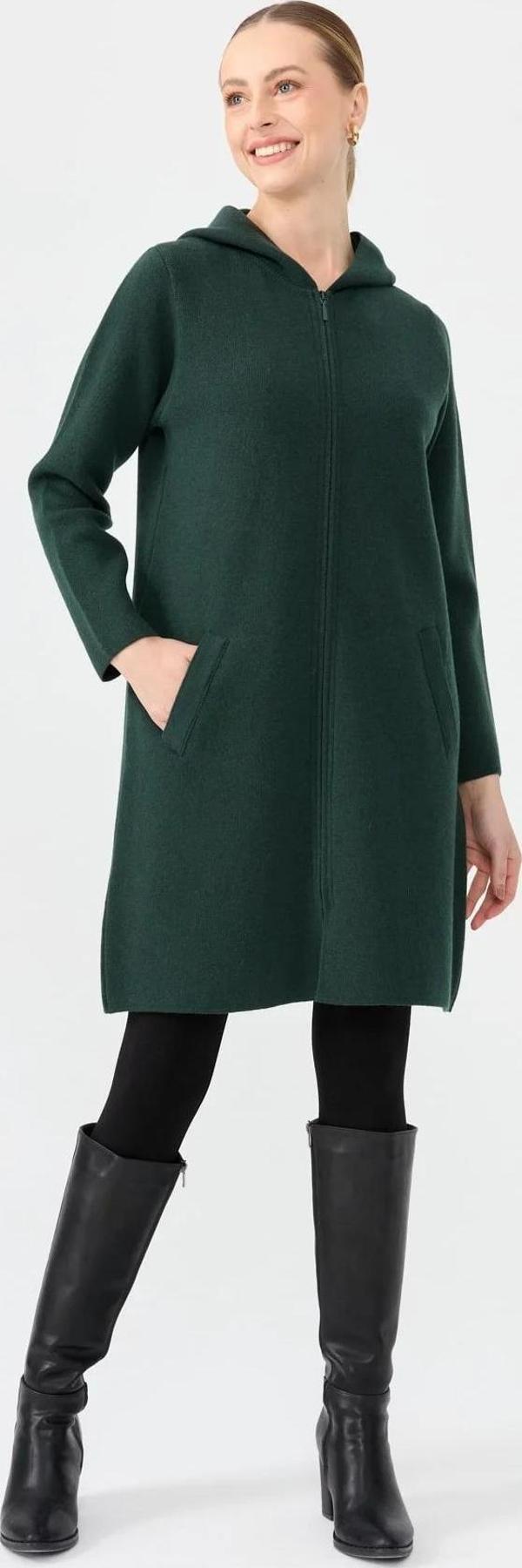 Desen Triko Kadın Kapüşonlu Fermuarlı Basic Uzun Yün Kaban 24044 Yeşil - Image 1