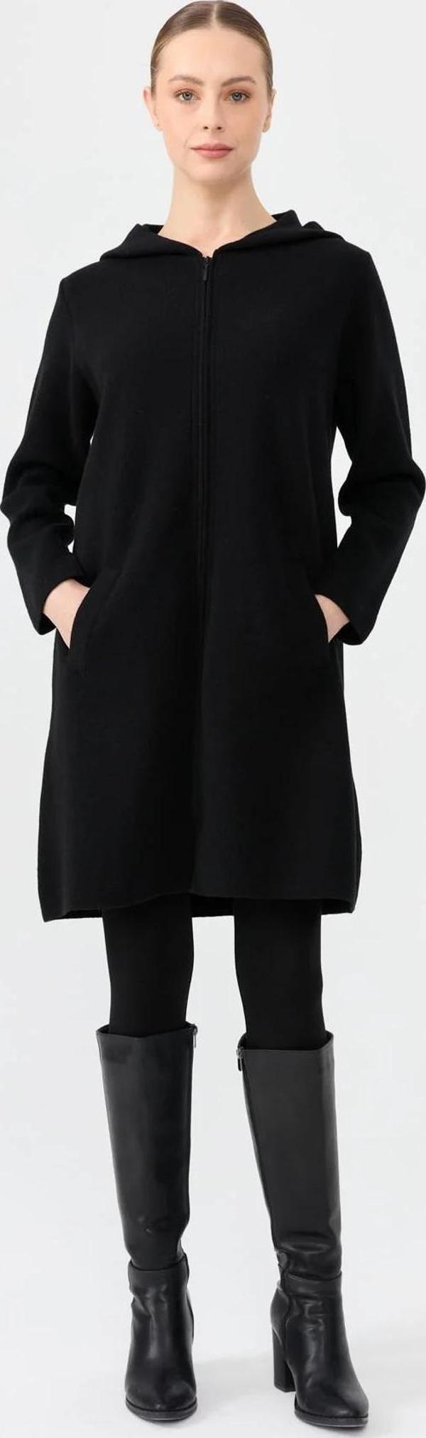 Desen Triko Kadın Kapüşonlu Fermuarlı Basic Uzun Yün Kaban 24044 Siyah - Image 1