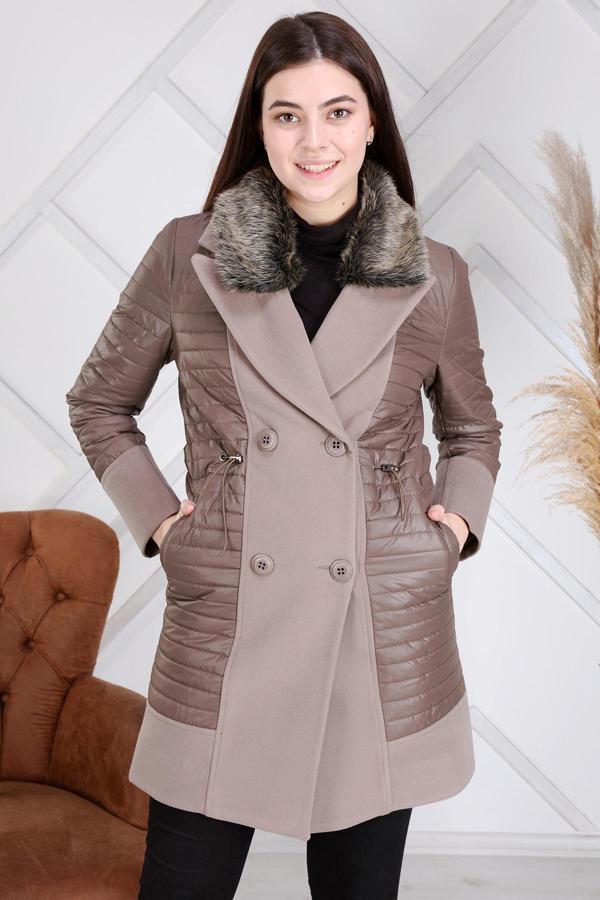 Veger Kadın Kürklü Yaka Çift Kumaş Detaylı Kapitone Kaban 3346 Vizon - Image 1