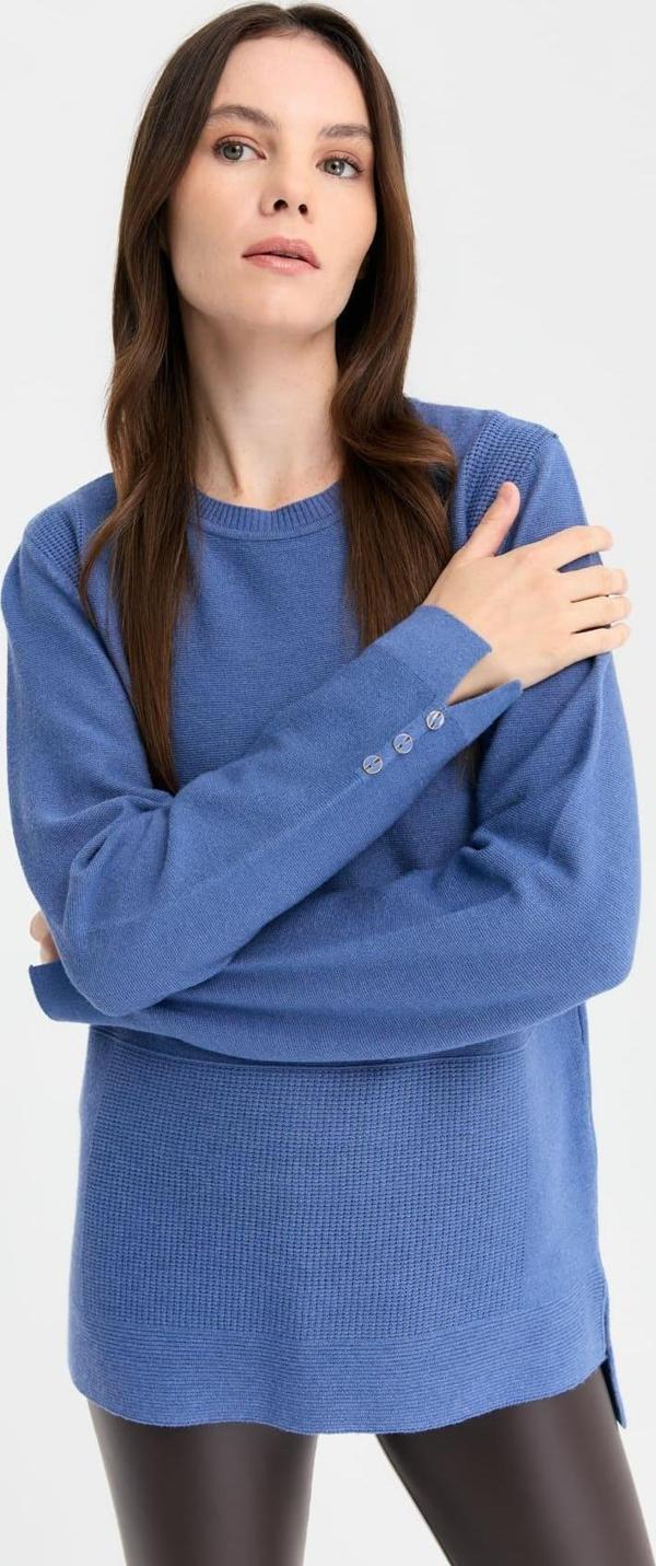 Desen Triko Kadın Sıfır Yaka Yırtmaçlı Kazak 24357 Indigo - Image 1