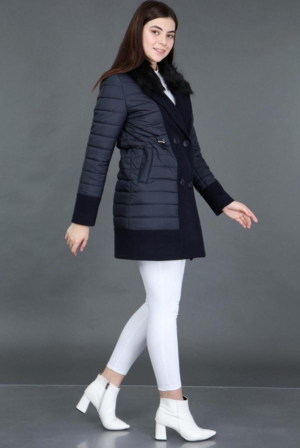 Veger Kadın Kürklü Yaka Çift Kumaş Detaylı Kapitone Kaban 3346 Lacivert - Image 1