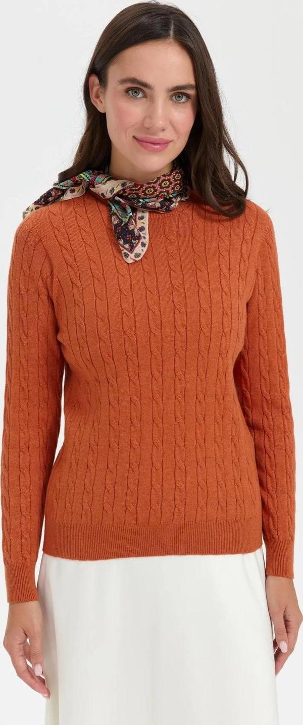 Desen Triko Kadın Sıfır Yaka Saç Örgülü Kazak 3329 Turuncu - Image 1