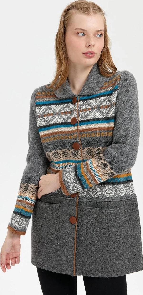 Desen Triko Kadın Polo Yaka Eteği Keçeli Araboy Yün Kaban 24078 Füme - Image 1