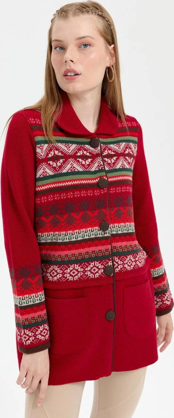 Desen Triko Kadın Polo Yaka Eteği Keçeli Araboy Yün Kaban 24078 K.Kırmızı - Image 1