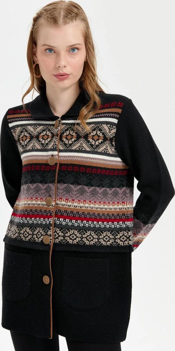 Desen Triko Kadın Polo Yaka Eteği Keçeli Araboy Yün Kaban 24078 Siyah - Image 1