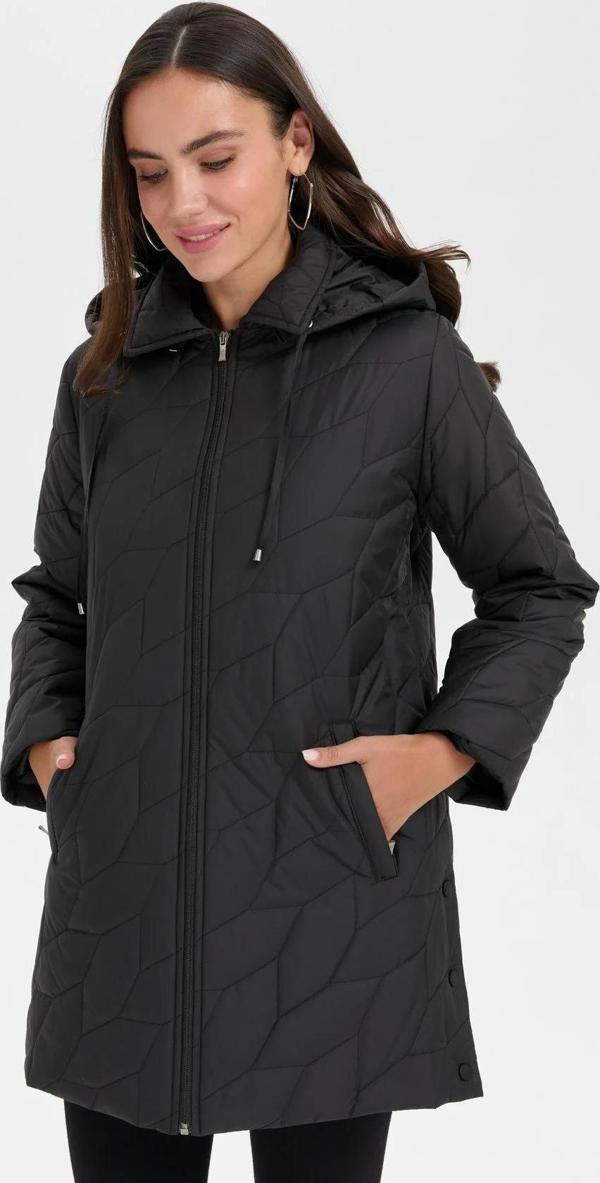 Desen Triko Kadın Yanları Çıtçıtlı Yaprak Desenli Kapüşonlu Araboy Kapitone Kaban 24419 Siyah - Image 1