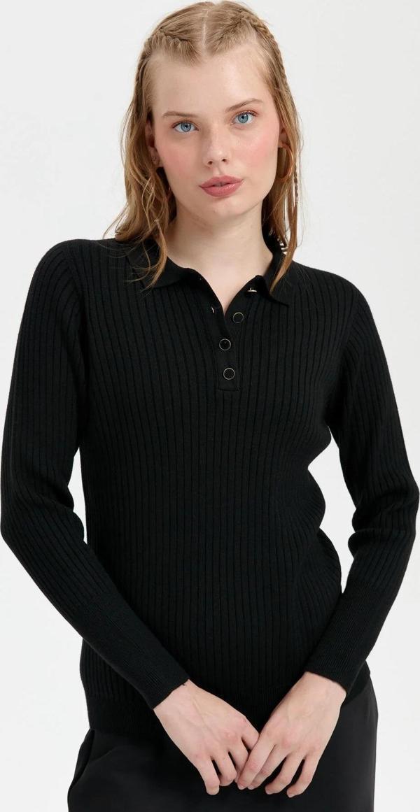 Desen Triko Kadın Polo Yaka Dikişsiz Kazak 24182 Siyah - Image 1