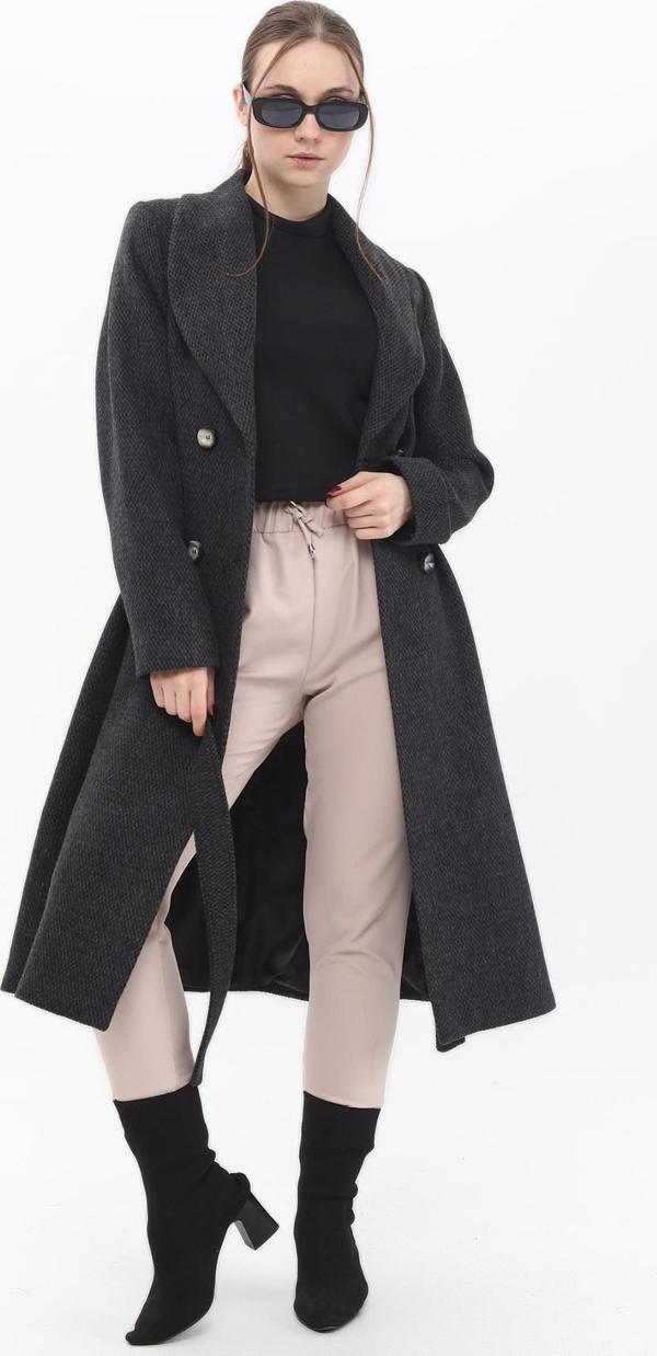 Veger Kadın Belden Bağlamalı Dört Düğmeli Şal Yaka Kaban 3471 Antrasit - Image 1