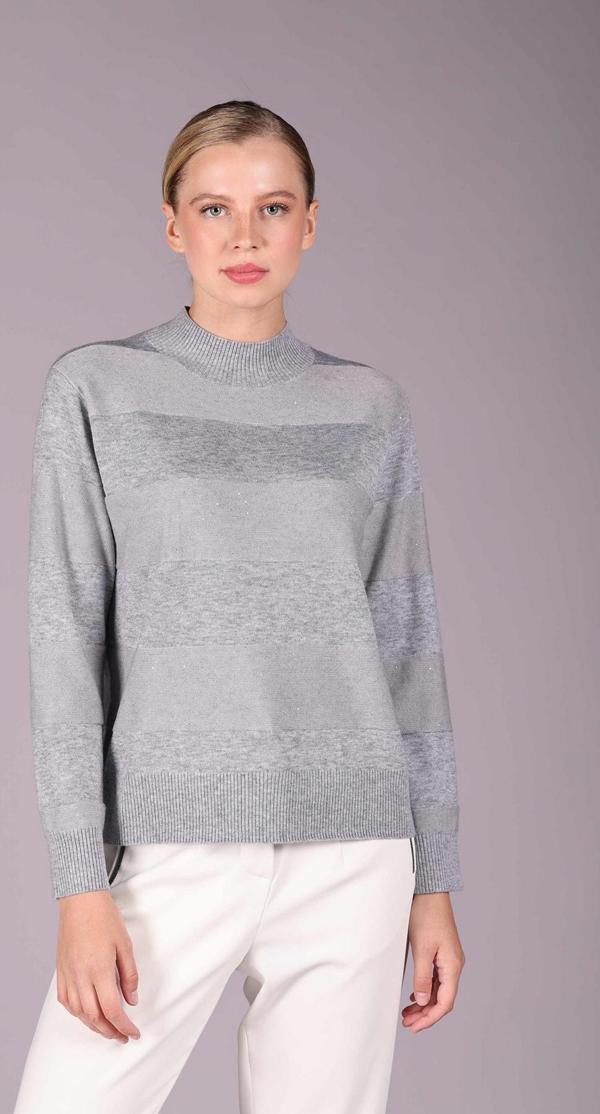 Sempre Kadın Yarım Balıkçı Yaka Çizgi Desenli Simli Triko Yün Kazak 2528 Gri - Image 1