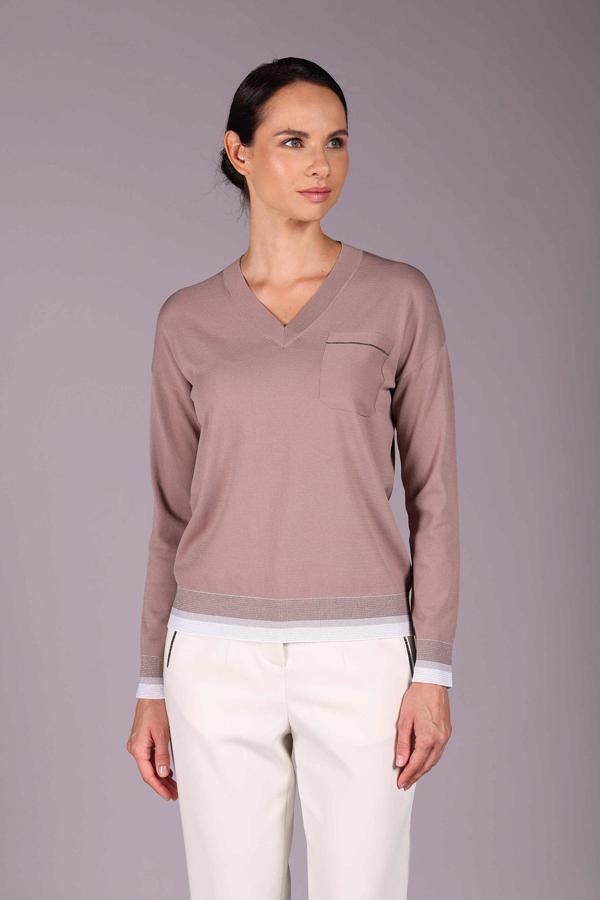 Sempre Kadın V Yaka Etek Ucu ve Kolları Simli Uzun Kollu Merserize Kazak 2530 Vizon - Image 1