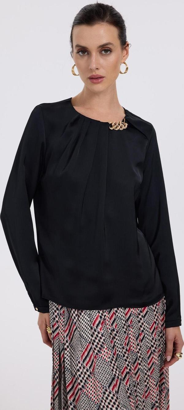 Ekol Kadın Zincir Aksesuarlı Önü Drapeli Bluz 2007 Siyah - Image 1