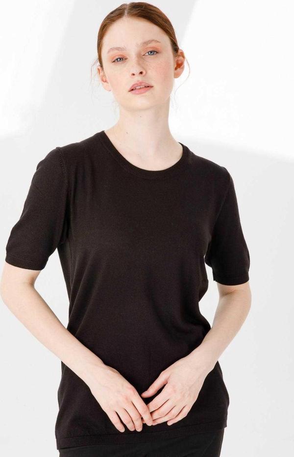 Desen Triko Kadın Sıfır Yaka Düz Bluz 02420344 Siyah - Image 1