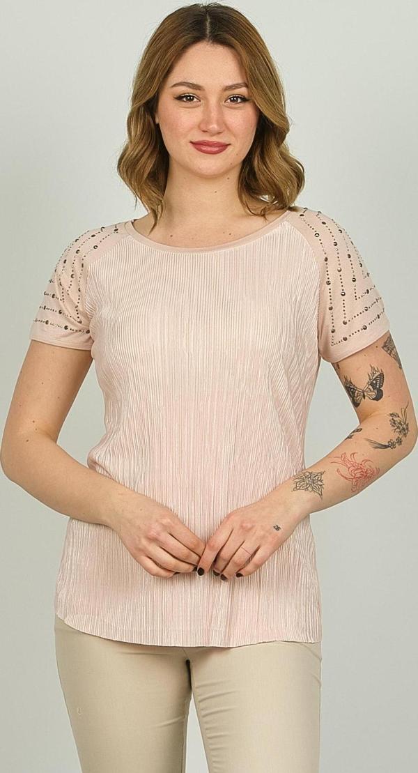 Ella Camelia Kadın Omzu Taş Detaylı Desenli Bluz 18E013 Pudra - Image 1