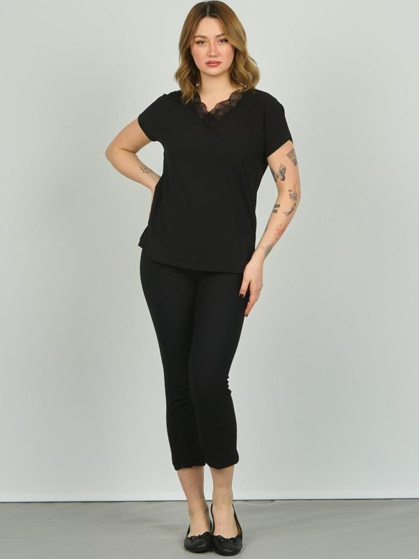 Ella Camelia Kadın Yakası Dantel Detaylı Bluz 20E020 Siyah - Image 1