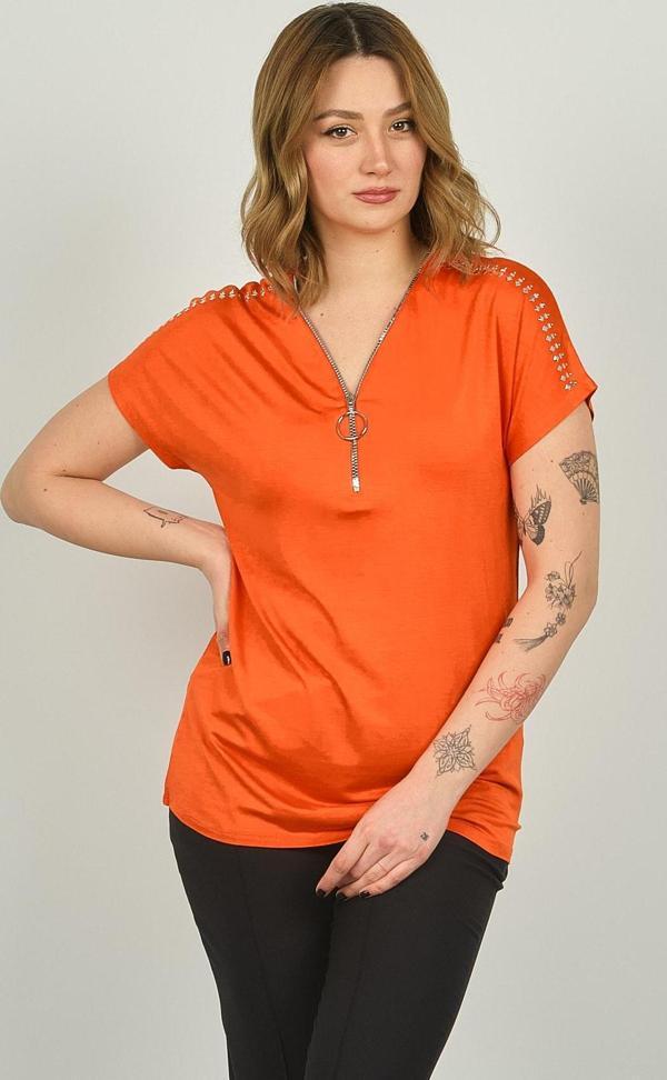 Ella Camelia Kadın Fermuarlı Kısa Kol Bluz 20E038 Oranj - Image 1