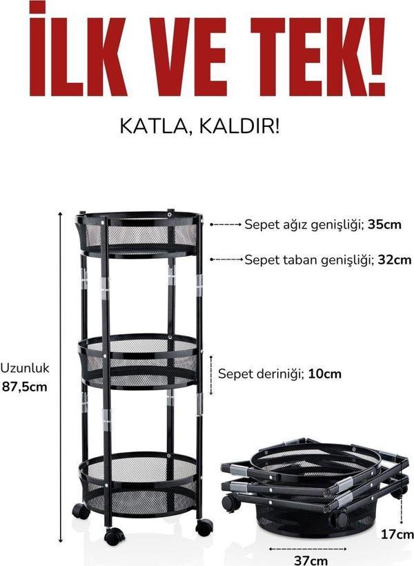 3 Katlı Pratik Katlanır Metal Siyah Renk Tekerlekli Çok Amaçlı Sepet - Image 1