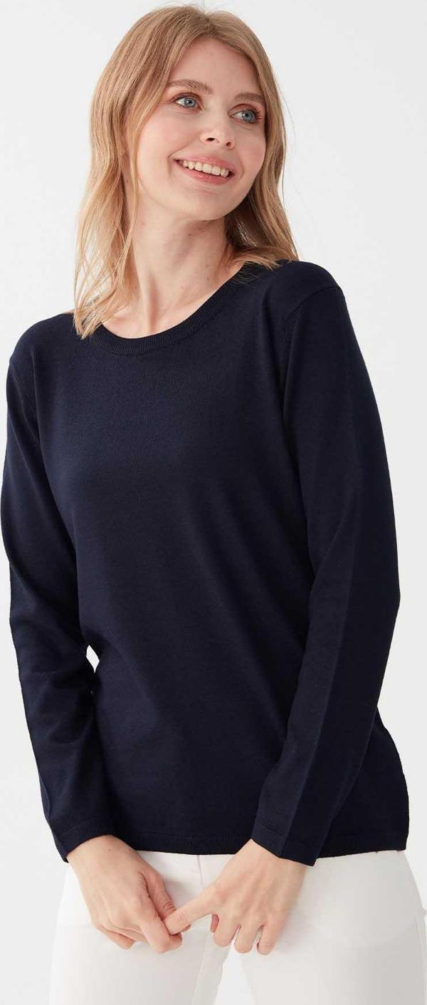 Desen Triko Kadın Likralı Uzun Kol Basic Sıfır Yaka Bluz 0240015 Koyu Lacivert - Image 1