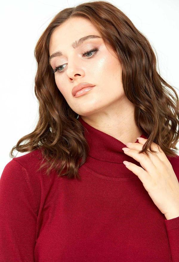 Desen Triko Kadın Likralı Uzun Kollu Basic Tam Balıkçı Bluz 0240017 Vişne - Image 1