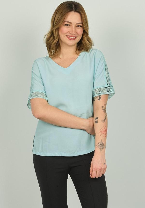 Ella Camelia Kadın Kol Ucu Dantel Detaylı Bluz 19E021 Mint - Image 1