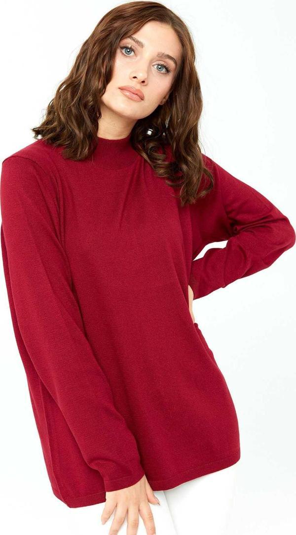 Desen Triko Kadın Likralı Uzun Kol Basic Yarım Balıkçı Bluz 0240016 Kırmızı - Image 1