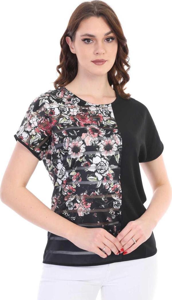 Ella Camelia Kadın Blok Desenli Transparan Detaylı Bluz 19E051 Siyah - Image 1