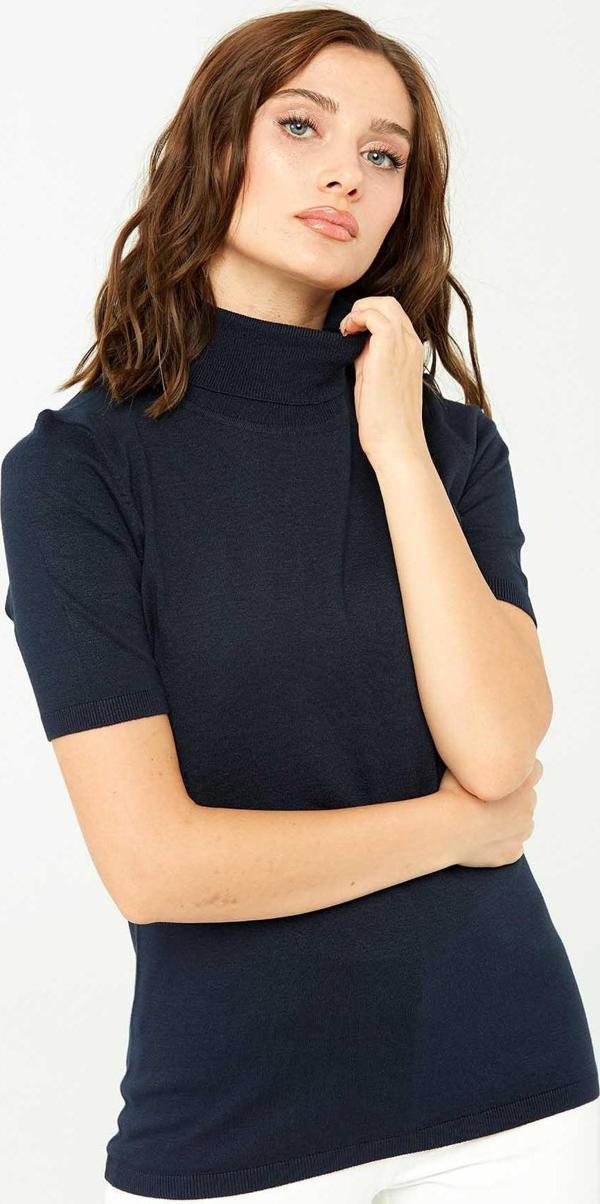 Desen Triko Kadın Likralı Kısa Kollu Tam Balıkçı Bluz 20346 Koyu Lacivert - Image 1