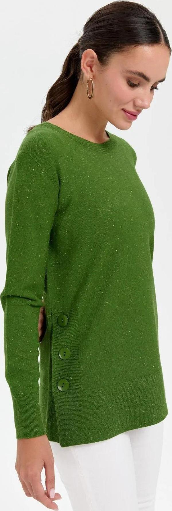 Desen Triko Kadın Sıfır Yaka Dikişsiz Yanları Düğmeli Simli Bluz 23390 K.Yosun - Image 1