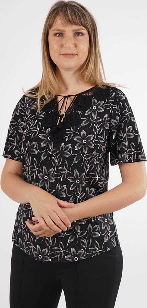 Ella Camelia Kadın Çiçek Desenli İp Detaylı Bluz 501014 Siyah - Image 1