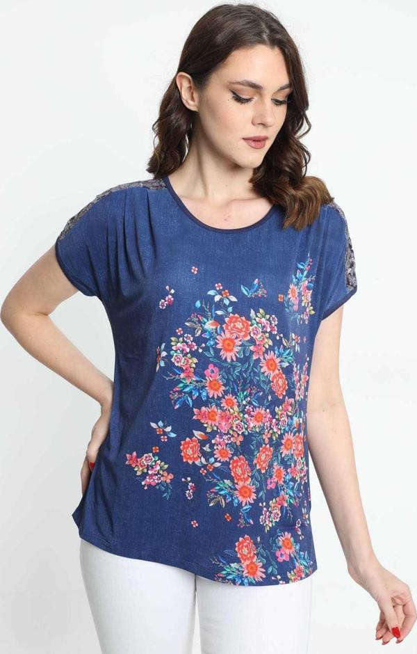 Ella Camelia Kadın Omzu Dantelli Çiçek Desenli Bluz 5010050 Lacivert - Image 1
