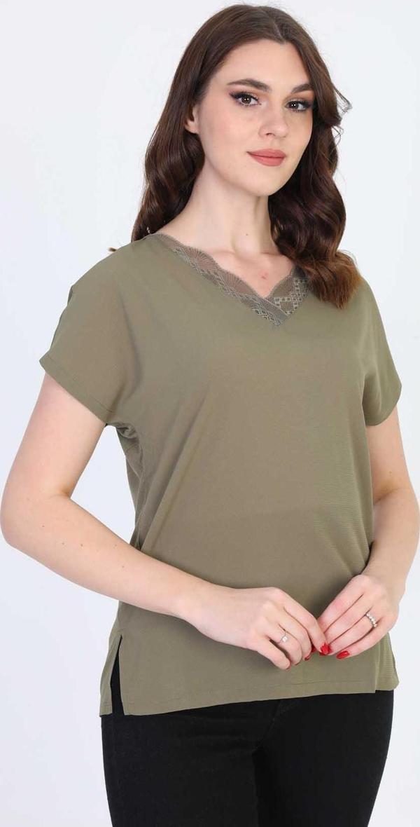 Ella Camelia Kadın Yakası Dantel Detaylı Bluz 20E020 Haki - Image 1