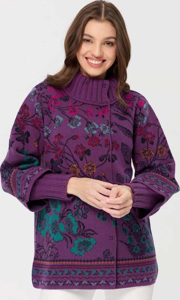 Desen Triko Kadın Dik Yaka Sarmaşık Çiçekli Yün Ceket 23017 A.Mor - Image 1