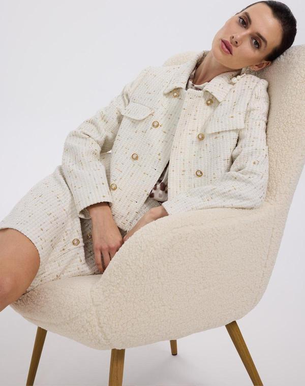 Ekol Kadın Kapak Cepli Şanel Ceket 1135 Ekru - Image 1