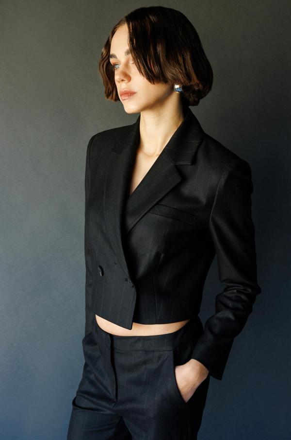 Ekol Kadın Çizgili Crop Ceket 1141 Siyah - Image 1