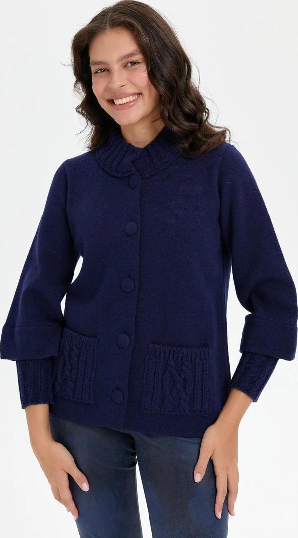 Desen Triko Kadın Dik Yaka Truvakar Kol Kısa Yün Ceket 24046 Y.A. Lacivert - Image 1