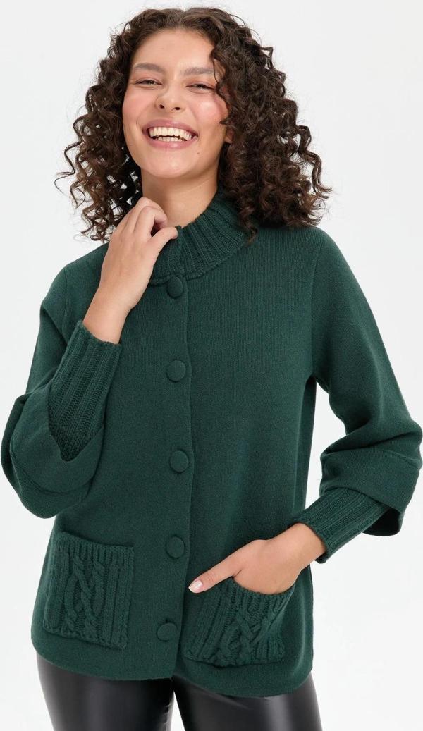 Desen Triko Kadın Dik Yaka Truvakar Kol Kısa Yün Ceket 24046 Yeşil - Image 1