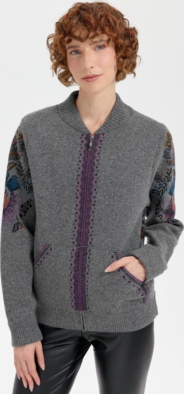 Desen Triko Kadın Hakim Yaka Arkası ve Kolu Çiçek Desenli Yün Ceket 24049 Füme - Image 1