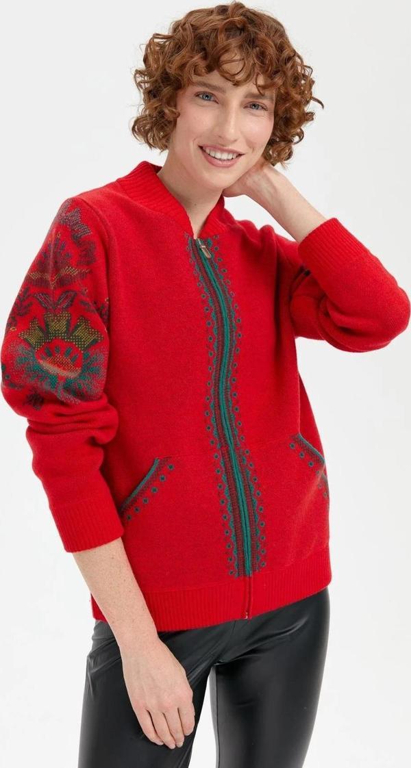 Desen Triko Kadın Hakim Yaka Arkası ve Kolu Çiçek Desenli Yün Ceket 24049 Mercan - Image 1
