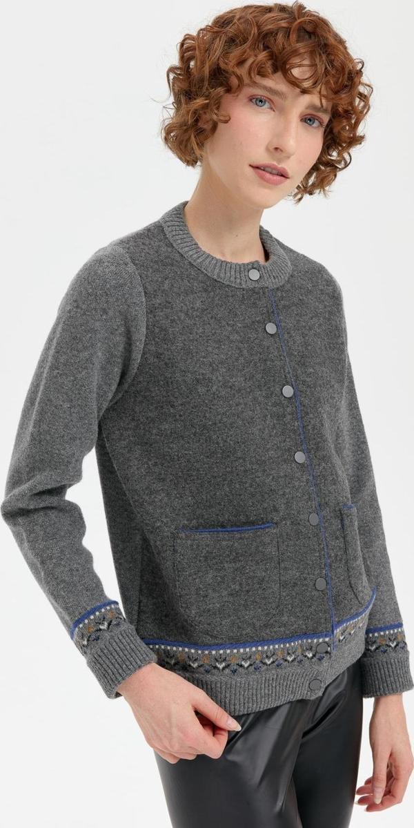 Desen Triko Kadın Sıfır Yaka Eteği ve Kol Ucu Desenli Yün Ceket 24085 Füme - Image 1