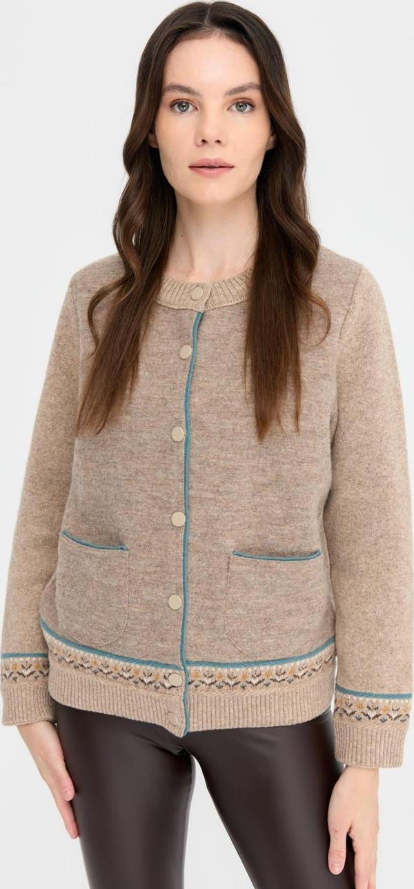 Desen Triko Kadın Sıfır Yaka Eteği ve Kol Ucu Desenli Yün Ceket 24085 K. Bej - Image 1