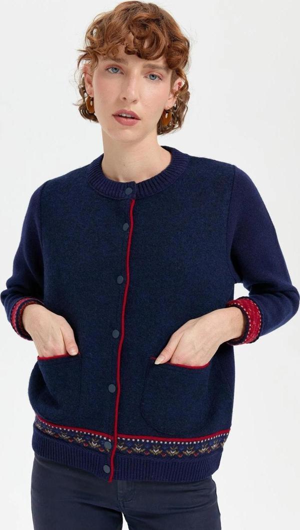 Desen Triko Kadın Sıfır Yaka Eteği ve Kol Ucu Desenli Yün Ceket 24085 Y.A. Lacivert - Image 1