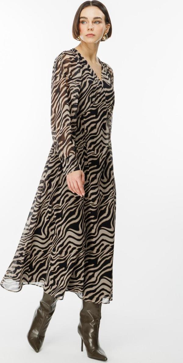 Ekol Kadın V Yaka Zebra Desenli Elbise 5041 Siyah - Image 1