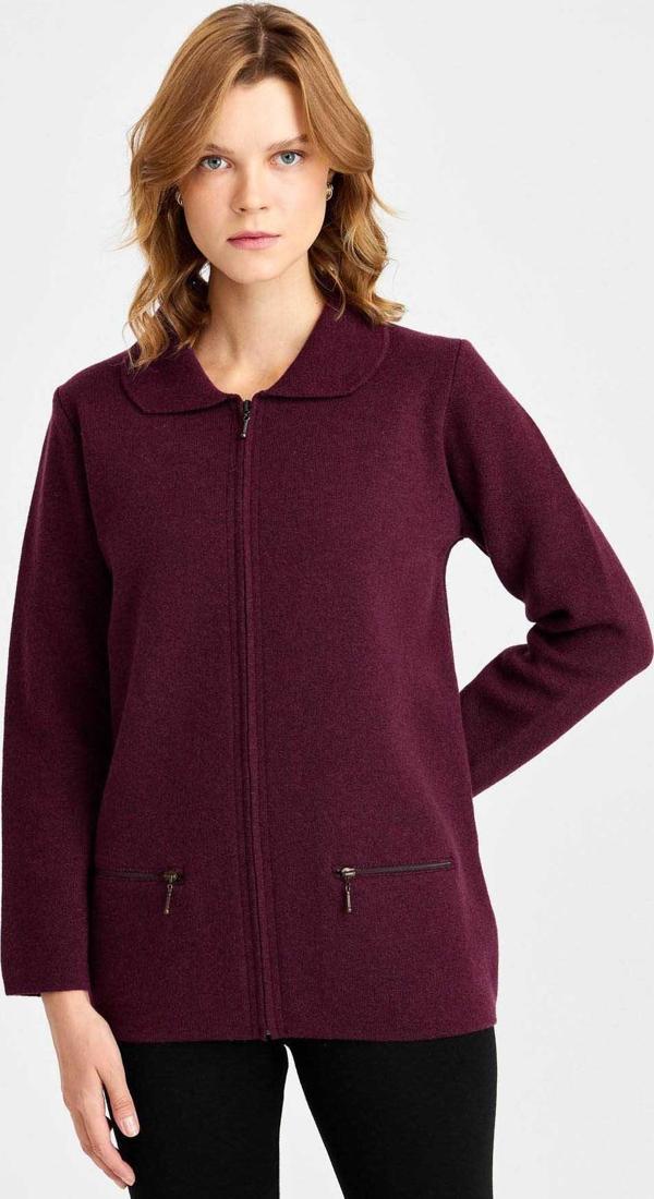 Desen Triko Kadın Polo Yaka Cebi Fermuarlı Yün Hırka 0242128 K.Mürdüm - Image 1