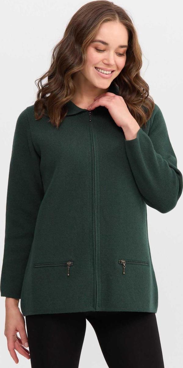 Desen Triko Kadın Polo Yaka Cebi Fermuarlı Yün Hırka 0242128 Yeşil - Image 1