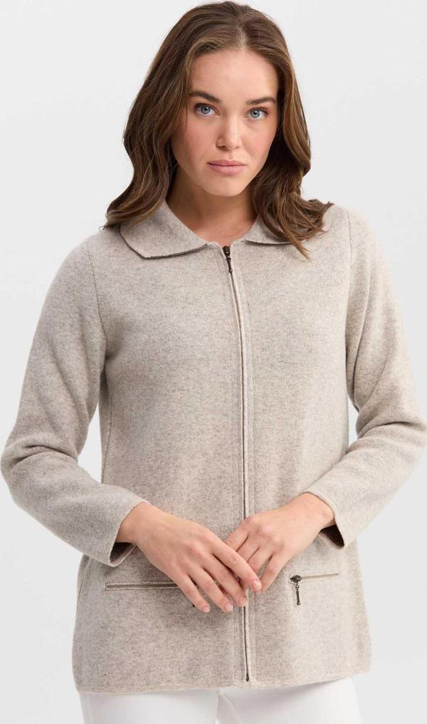 Desen Triko Kadın Polo Yaka Cebi Fermuarlı Yün Hırka 0242128 Bej - Image 1