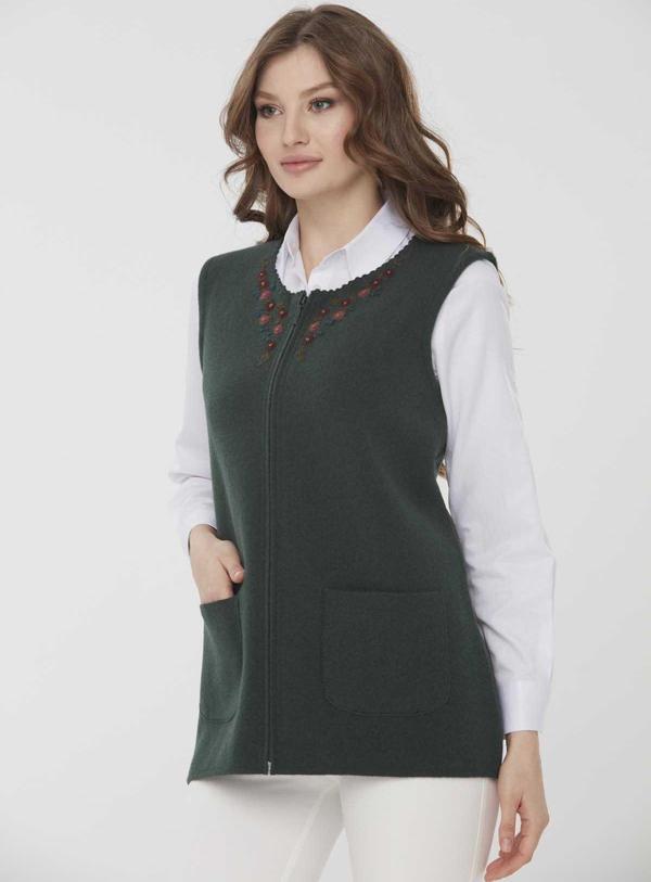Desen Triko Kadın Sıfır Yaka Papatya İşlemeli Yün Yelek 0242190 Yeşil - Image 1
