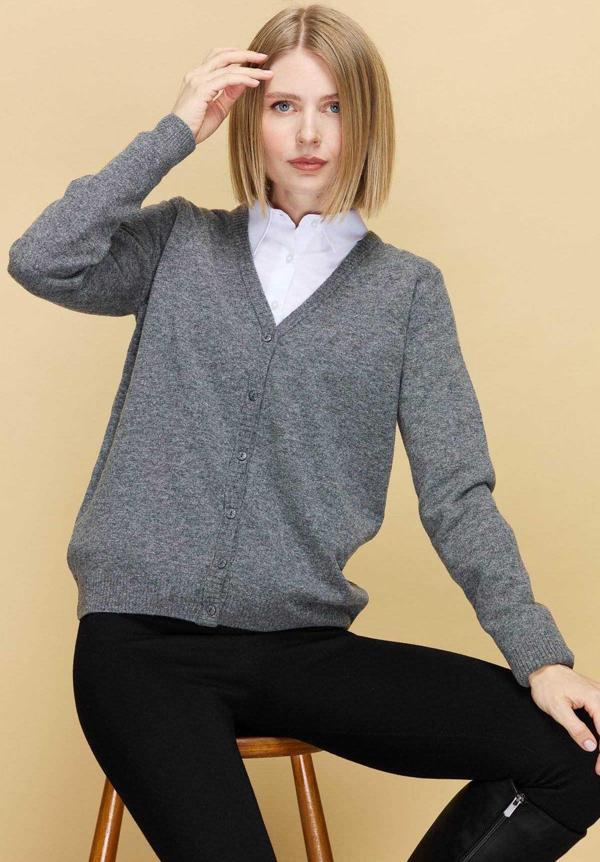 Desen Triko Kadın V Yaka Yün Hırka 21021 Füme - Image 1