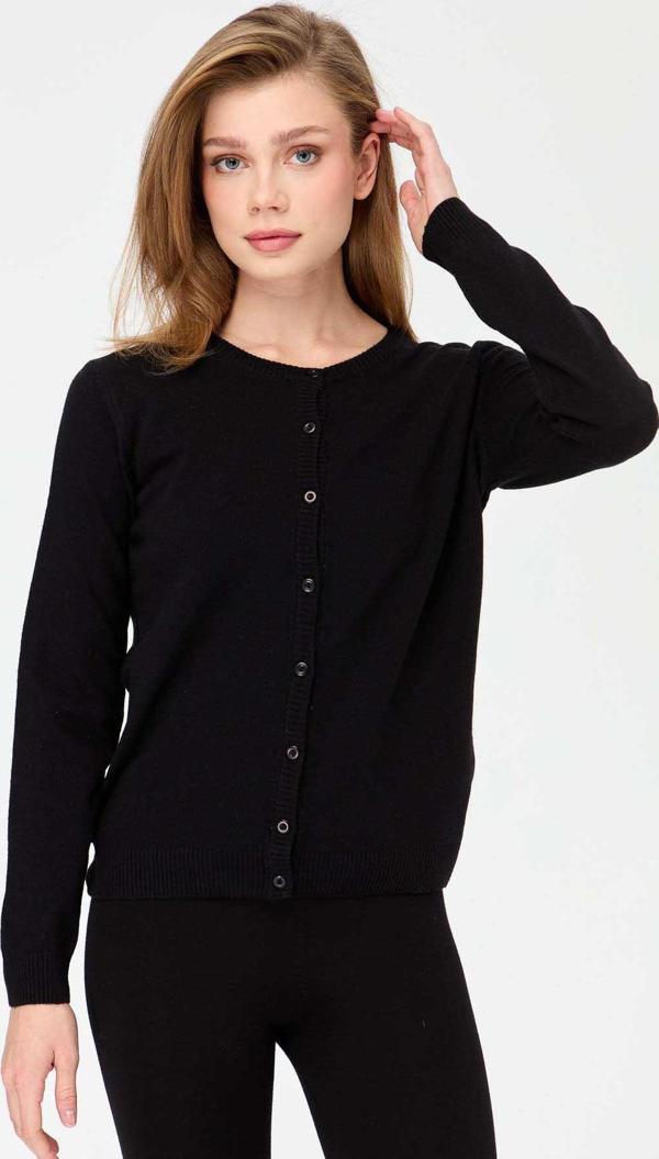 Desen Triko Kadın Sıfır Yaka Triko Yün Hırka 21031 Siyah - Image 1