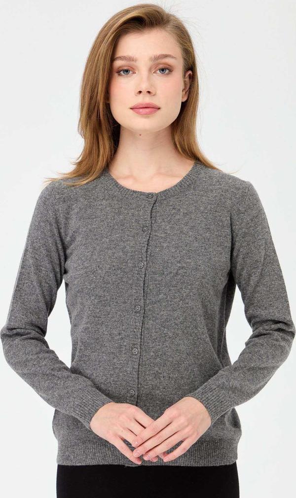 Desen Triko Kadın Sıfır Yaka Triko Yün Hırka 21031 Füme - Image 1