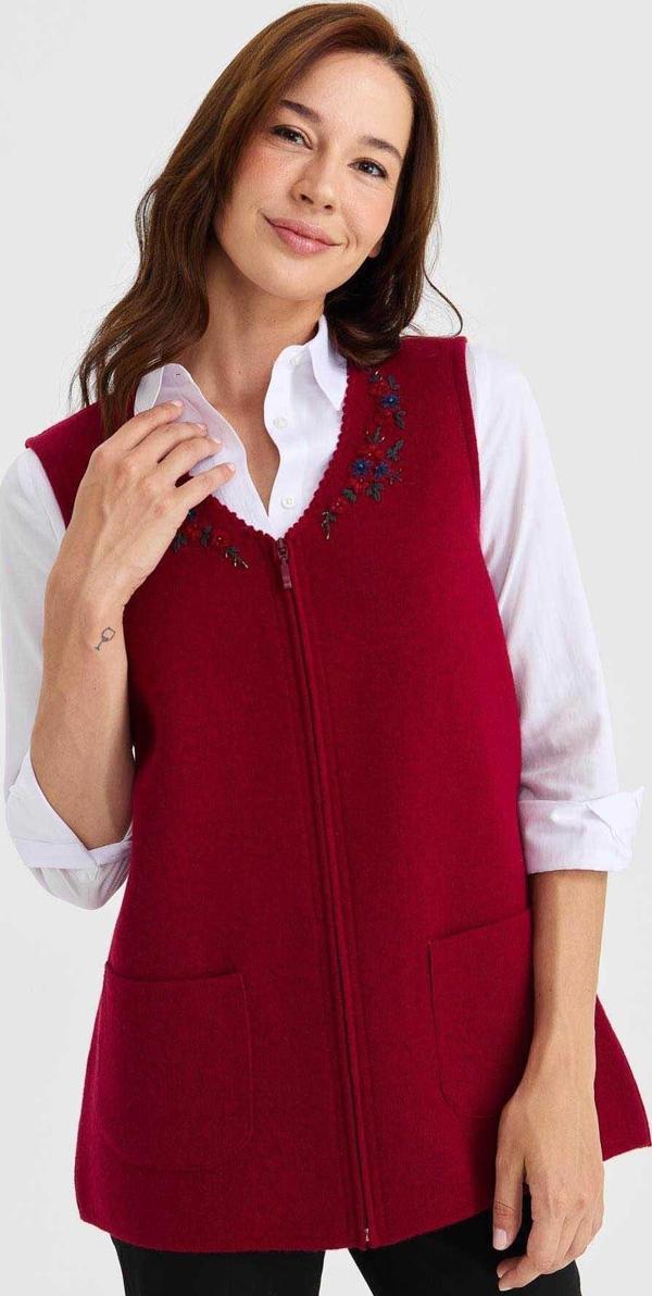 Desen Triko Kadın V Yaka Kenarı Dantel İşlemeli Yün Yelek 23001 Vişne Çürüğü - Image 1